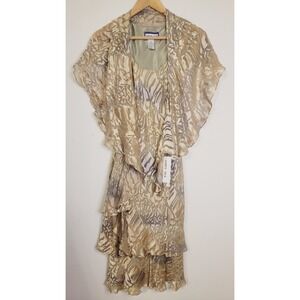 Vintage Simply Silk Fairy Whimsigoth Tiered‎ Burnout Dress S Animal Gold W/Shawl